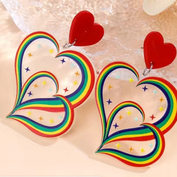 Rainbow Colored Heart Earrings - Picture 2 of 2